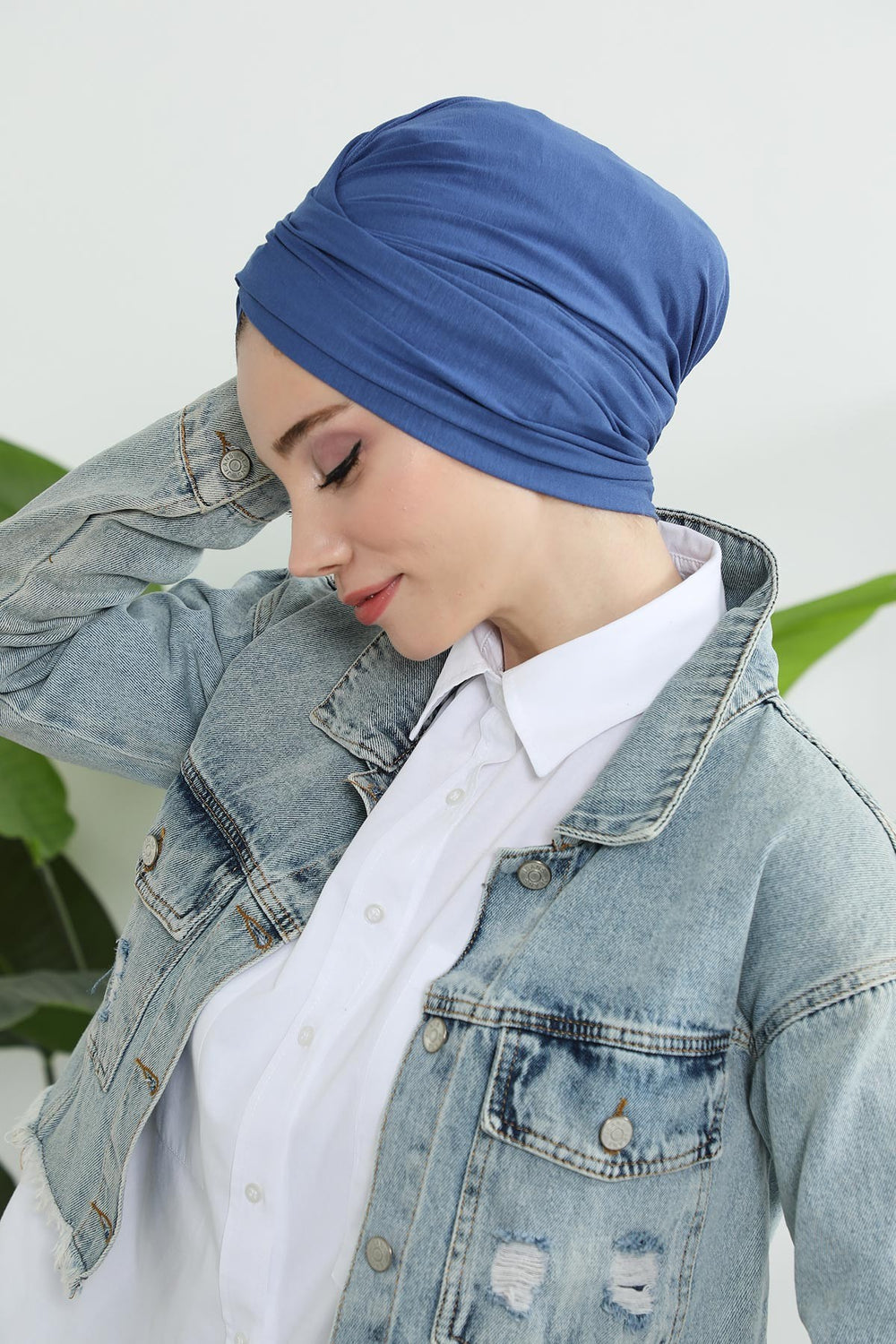 Instant Turban Plain Cotton Scarf Head Wrap Lightweight Hat Bonnet Cap for Women,B-9 İndigo