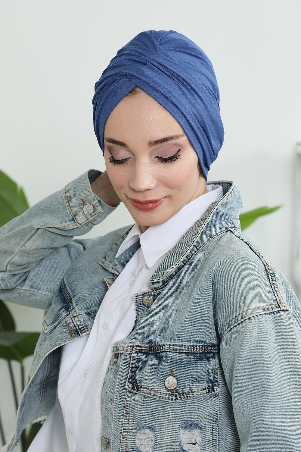Instant Turban Plain Cotton Scarf Head Wrap Lightweight Hat Bonnet Cap for Women,B-9 İndigo
