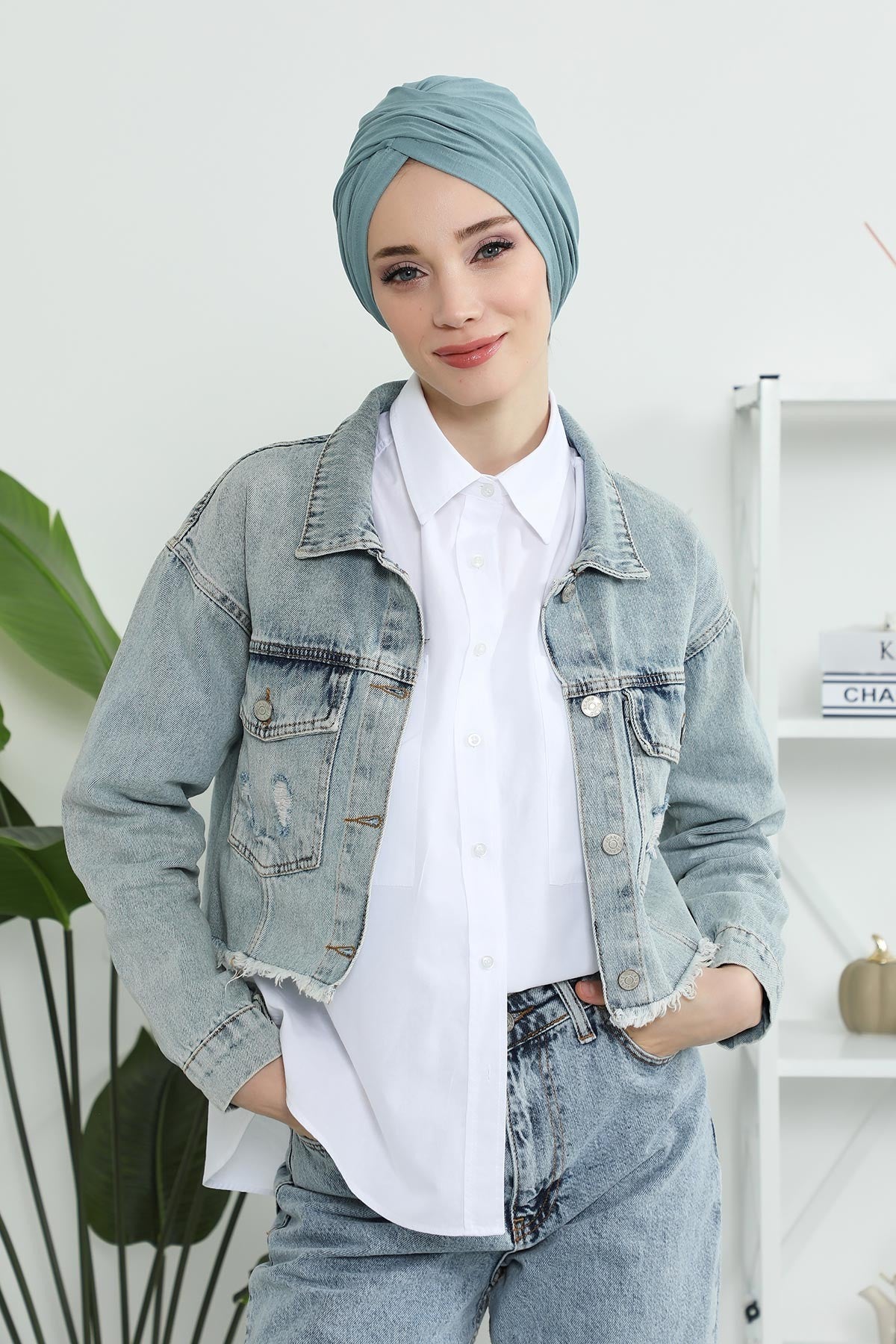 Instant Turban Plain Cotton Scarf Head Wrap Lightweight Hat Bonnet Cap for Women,B-9 Dark Mint