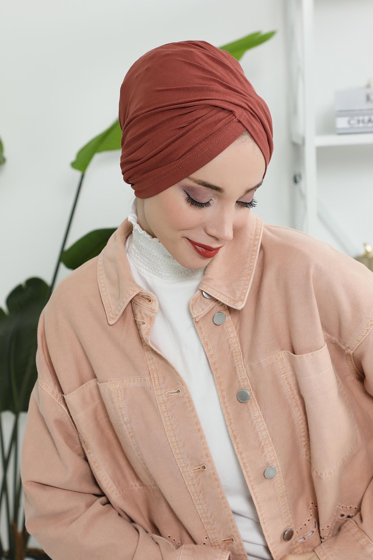 Instant Turban Plain Cotton Scarf Head Wrap Lightweight Hat Bonnet Cap for Women,B-9 Cinnamon