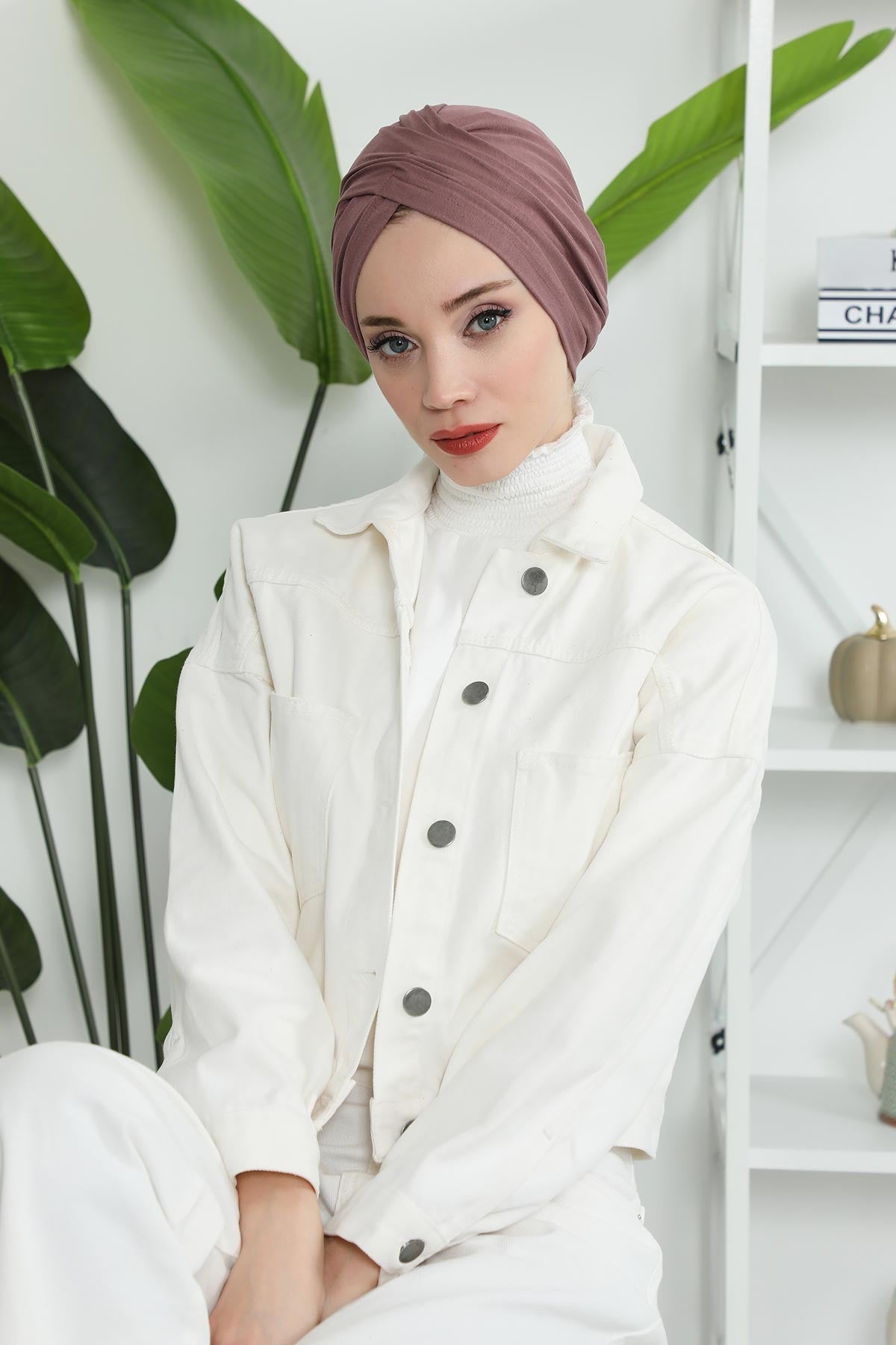 Instant Turban Plain Cotton Scarf Head Wrap Lightweight Hat Bonnet Cap for Women,B-9 Dusty Rose