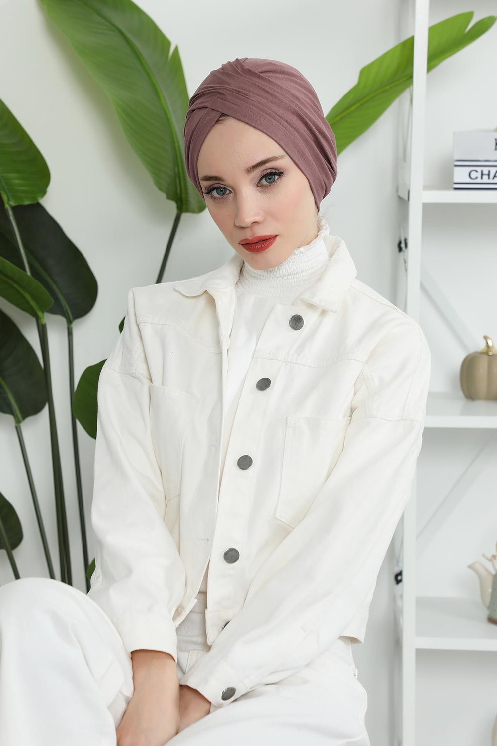 Instant Turban Plain Cotton Scarf Head Wrap Lightweight Hat Bonnet Cap for Women,B-9 Dusty Rose