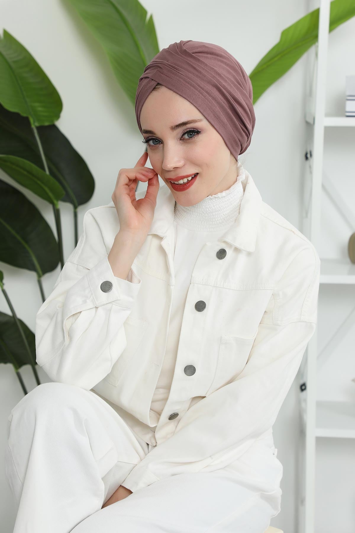 Instant Turban Plain Cotton Scarf Head Wrap Lightweight Hat Bonnet Cap for Women,B-9 Dusty Rose
