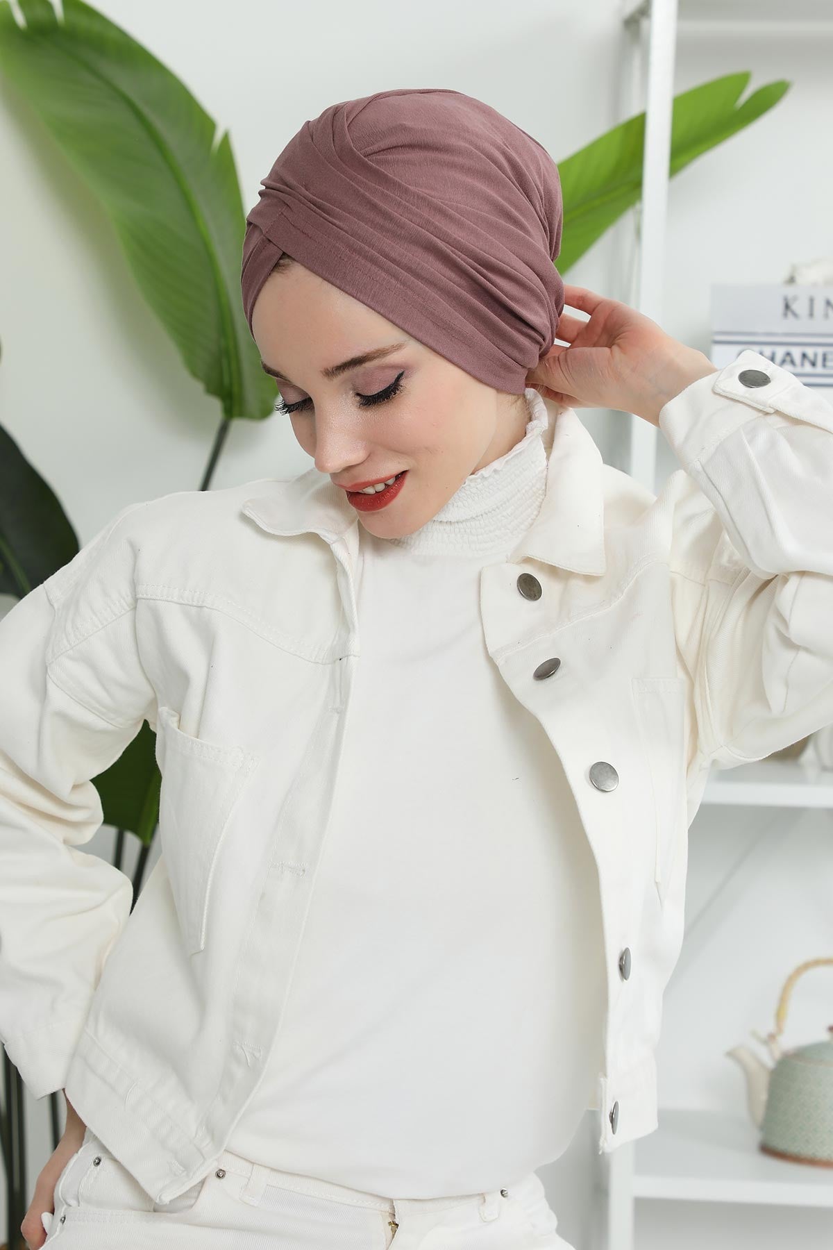 Instant Turban Plain Cotton Scarf Head Wrap Lightweight Hat Bonnet Cap for Women,B-9 Dusty Rose