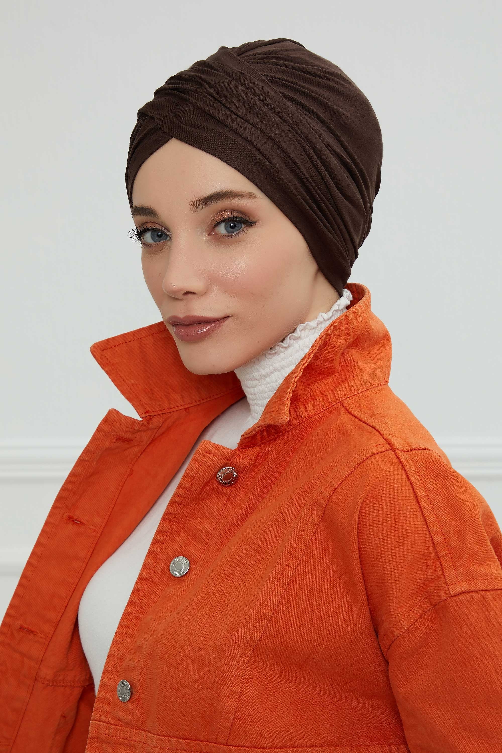 Instant Turban Plain Cotton Scarf Head Wrap Lightweight Hat Bonnet Cap for Women,B-9 Brown