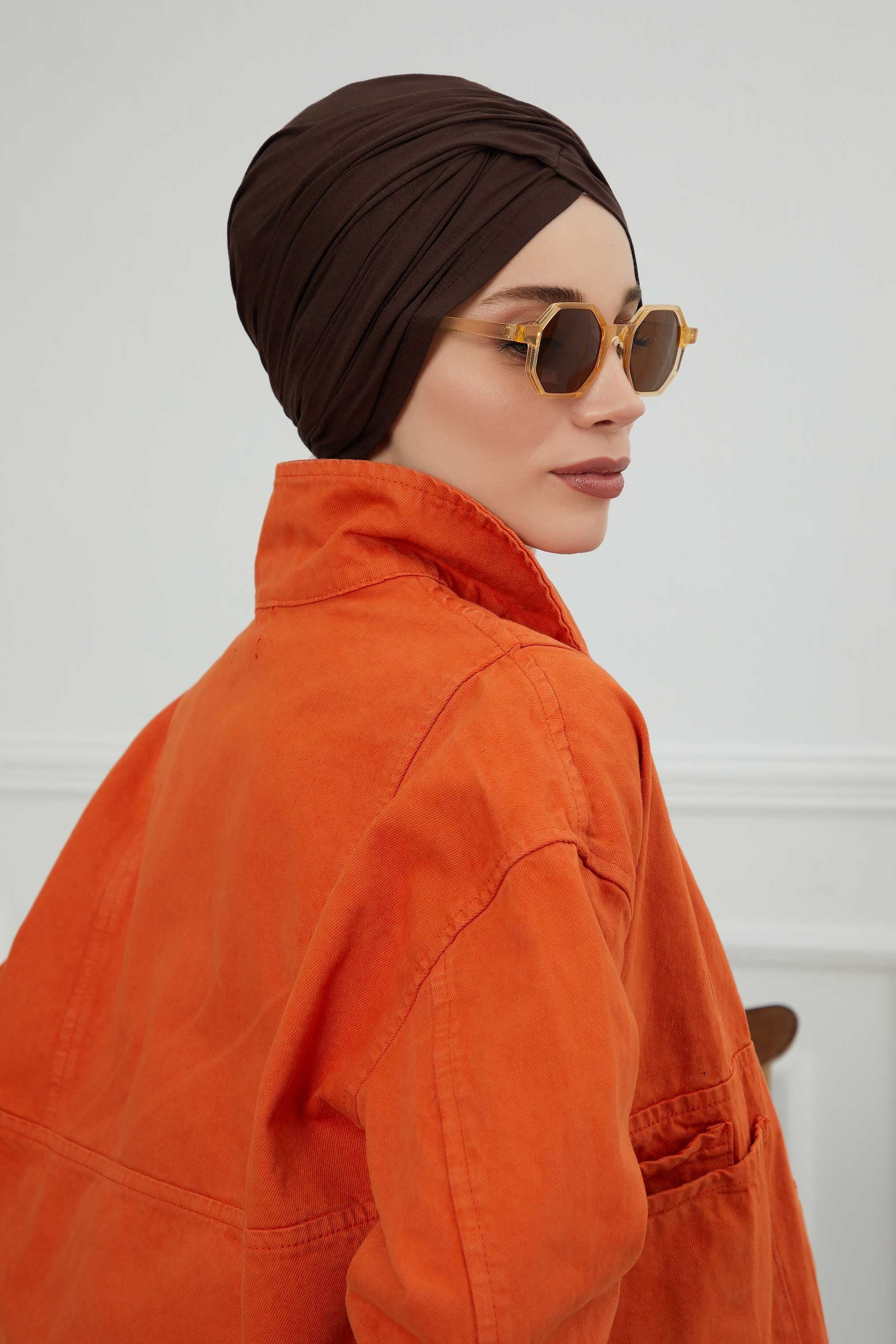 Instant Turban Plain Cotton Scarf Head Wrap Lightweight Hat Bonnet Cap for Women,B-9 Brown