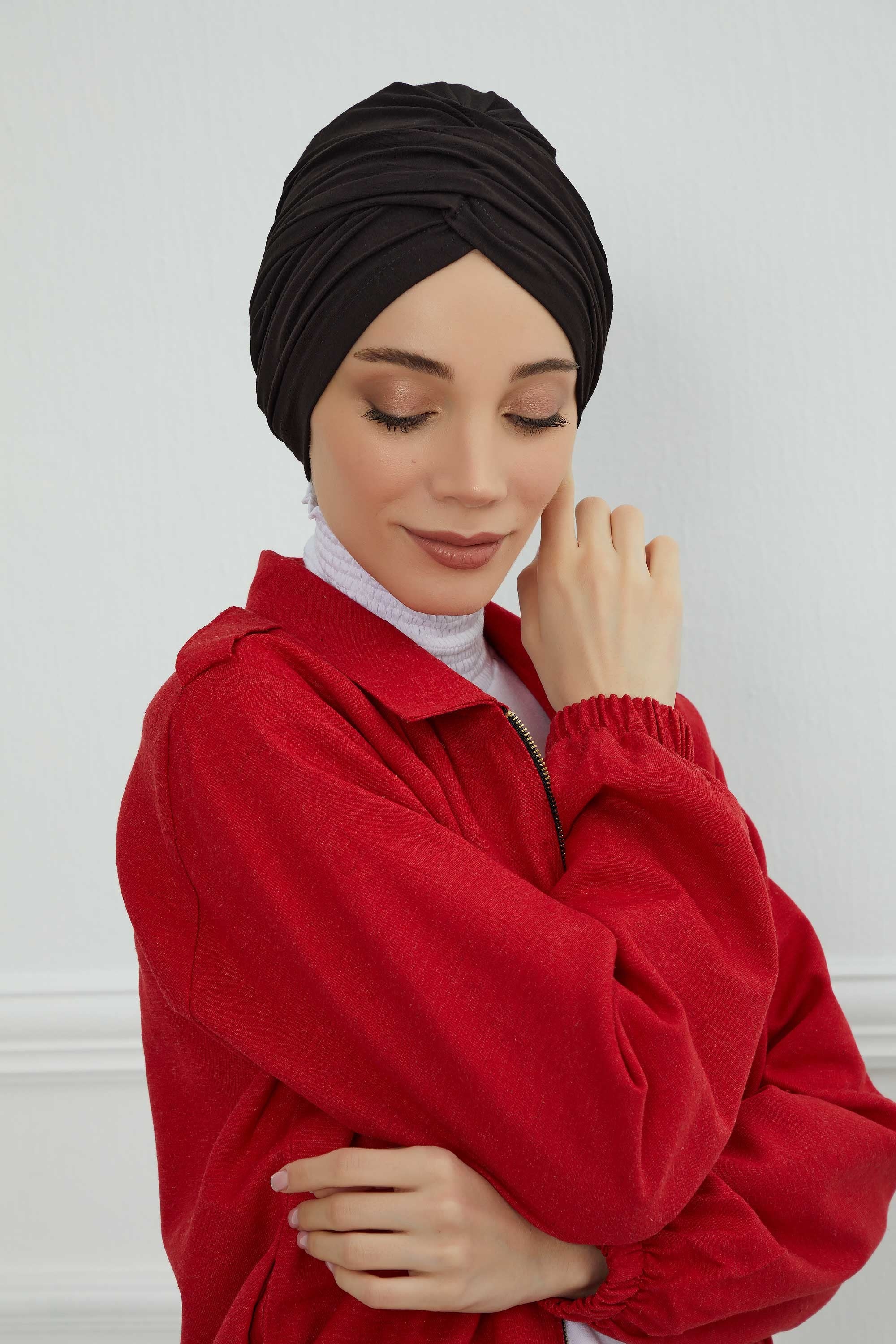 Instant Turban Plain Cotton Scarf Head Wrap Lightweight Hat Bonnet Cap for Women,B-9 Black