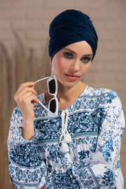 Instant Turban Plain Cotton Scarf Head Wrap Lightweight Hat Bonnet Cap for Women,B-9 Navy Blue