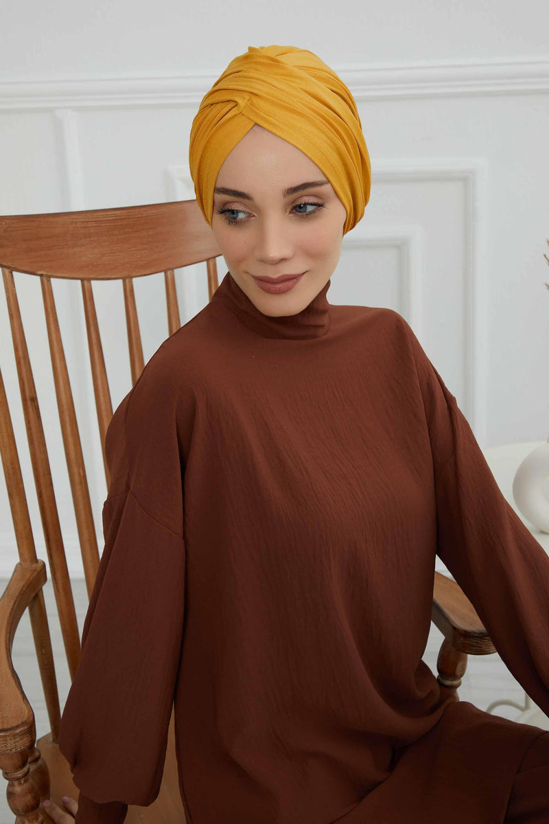 Instant Turban Plain Cotton Scarf Head Wrap Lightweight Hat Bonnet Cap for Women,B-9 Mustard Yellow