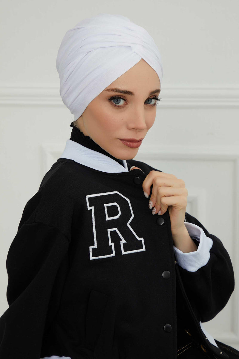 Instant Turban Plain Cotton Scarf Head Wrap Lightweight Hat Bonnet Cap for Women,B-9 White