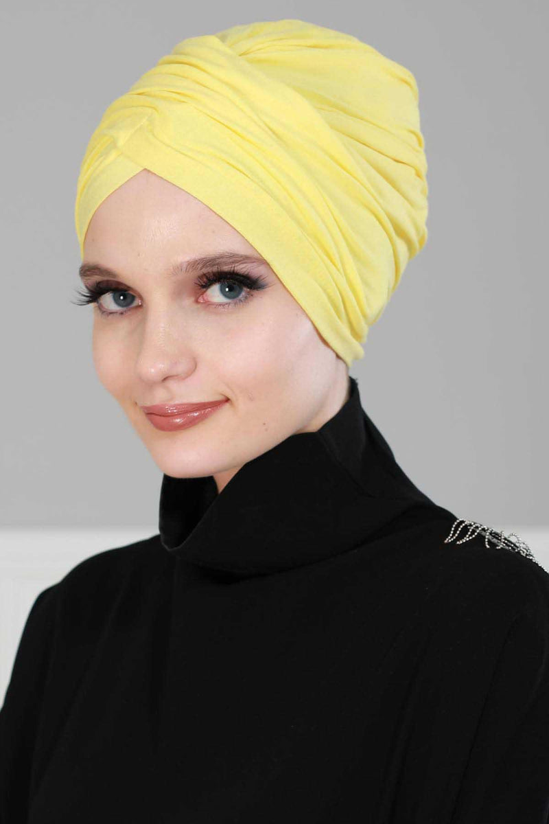 Instant Turban Plain Cotton Scarf Head Wrap Lightweight Hat Bonnet Cap for Women,B-9 Yellow