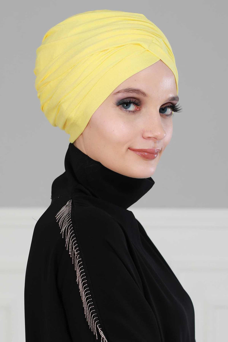 Instant Turban Plain Cotton Scarf Head Wrap Lightweight Hat Bonnet Cap for Women,B-9 Yellow
