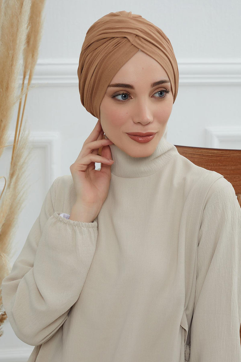 Instant Turban Plain Cotton Scarf Head Wrap Lightweight Hat Bonnet Cap for Women,B-9 Light Brown