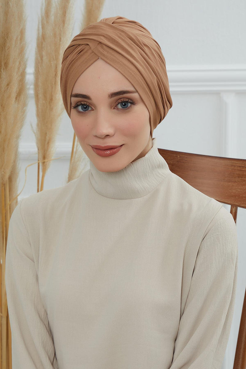 Instant Turban Plain Cotton Scarf Head Wrap Lightweight Hat Bonnet Cap for Women,B-9 Light Brown