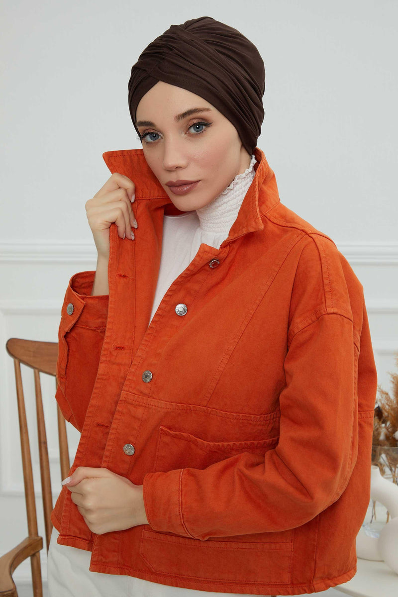 Instant Turban Plain Cotton Scarf Head Wrap Lightweight Hat Bonnet Cap for Women,B-9 Brown