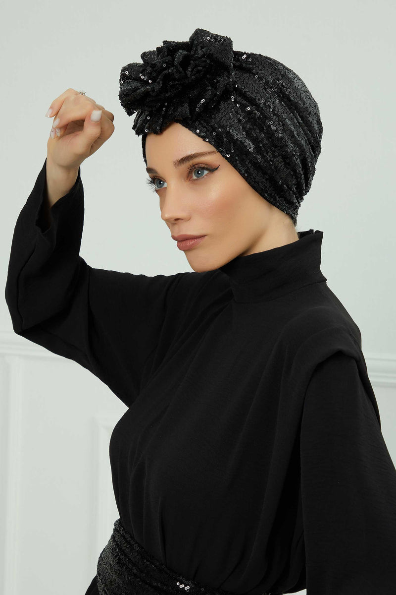 Glamouröser Instant-Turban-Hijab mit Paillettenrose für Frauen, funkelnde modische Hijab-Kappe, elegantes vorgebundenes Kopftuch mit großem, ausgefallenem Rosendetail, B-21P