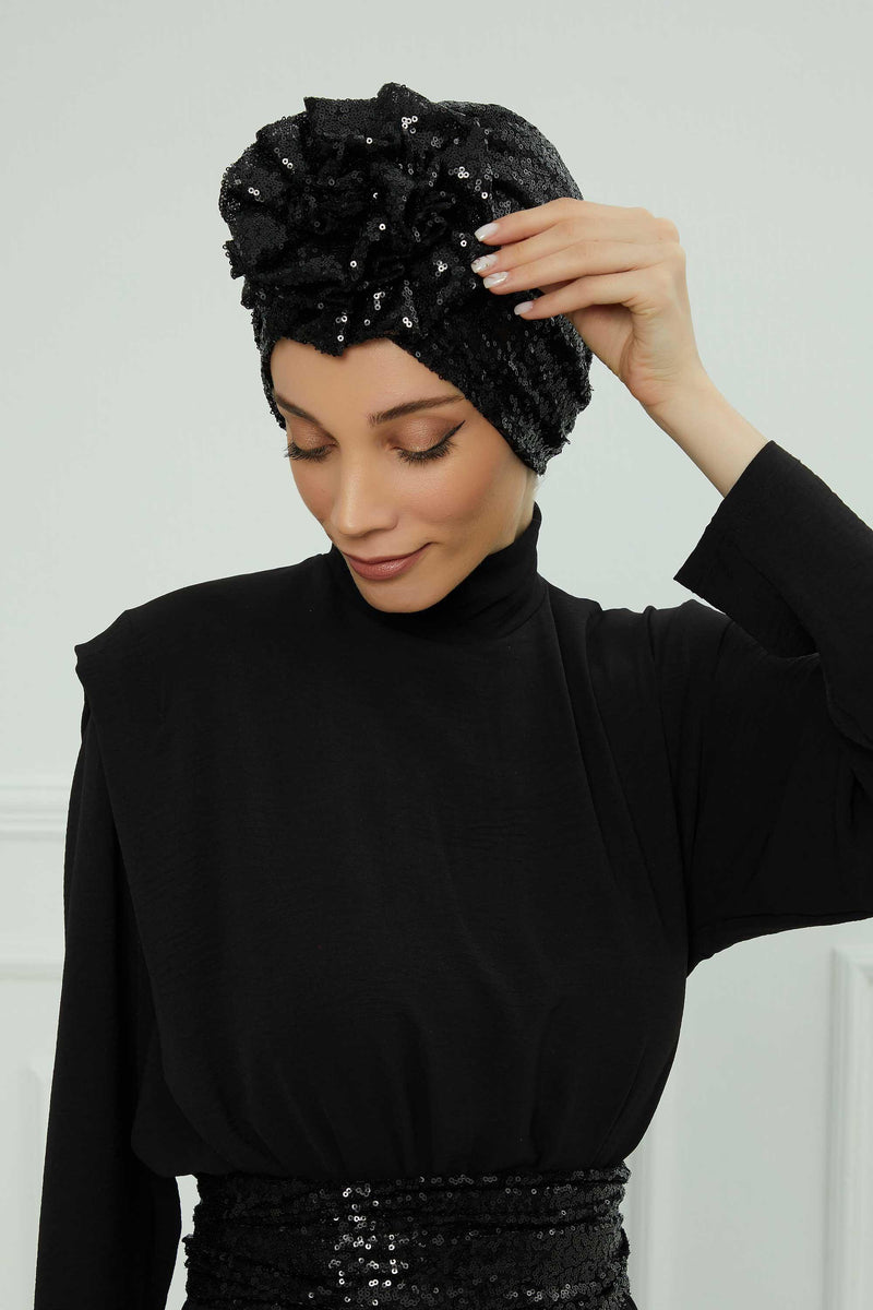 Glamouröser Instant-Turban-Hijab mit Paillettenrose für Frauen, funkelnde modische Hijab-Kappe, elegantes vorgebundenes Kopftuch mit großem, ausgefallenem Rosendetail, B-21P