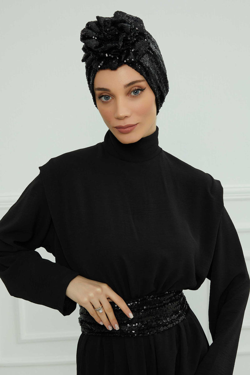 Glamouröser Instant-Turban-Hijab mit Paillettenrose für Frauen, funkelnde modische Hijab-Kappe, elegantes vorgebundenes Kopftuch mit großem, ausgefallenem Rosendetail, B-21P