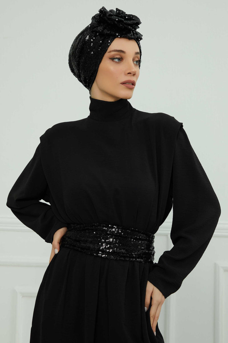 Glamouröser Instant-Turban-Hijab mit Paillettenrose für Frauen, funkelnde modische Hijab-Kappe, elegantes vorgebundenes Kopftuch mit großem, ausgefallenem Rosendetail, B-21P