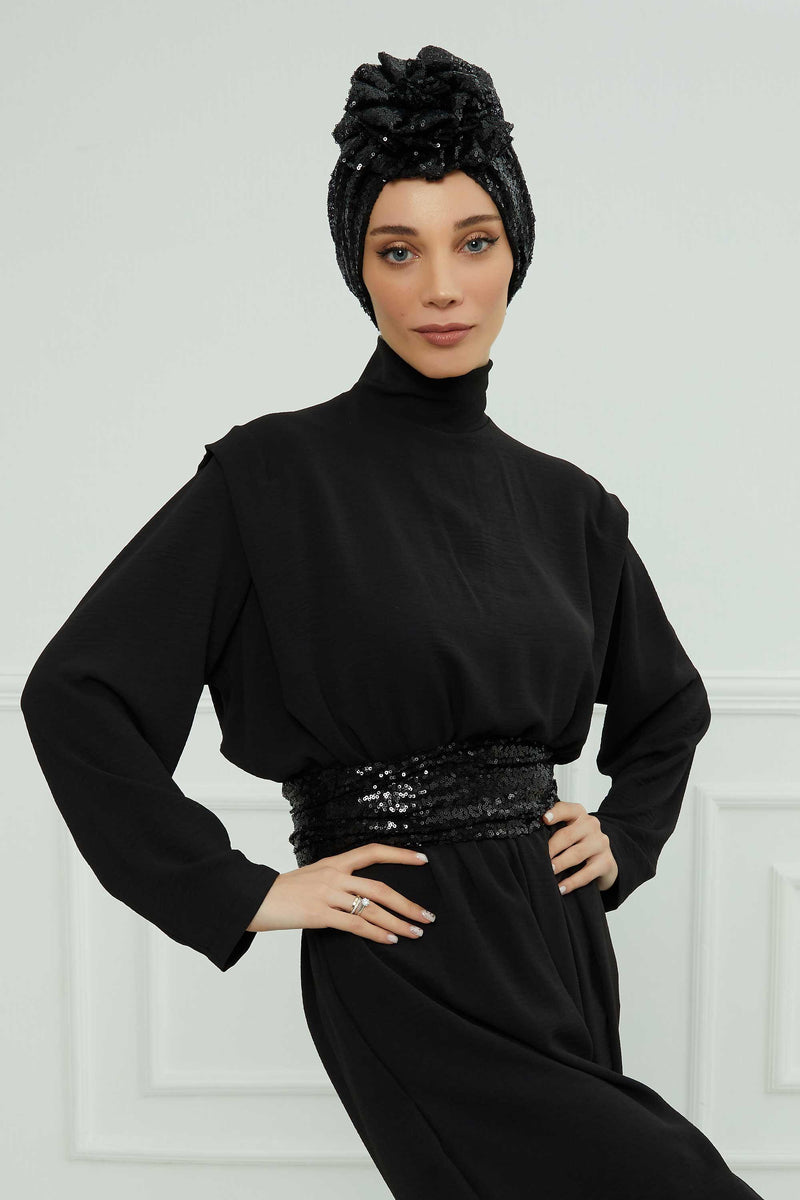 Glamouröser Instant-Turban-Hijab mit Paillettenrose für Frauen, funkelnde modische Hijab-Kappe, elegantes vorgebundenes Kopftuch mit großem, ausgefallenem Rosendetail, B-21P