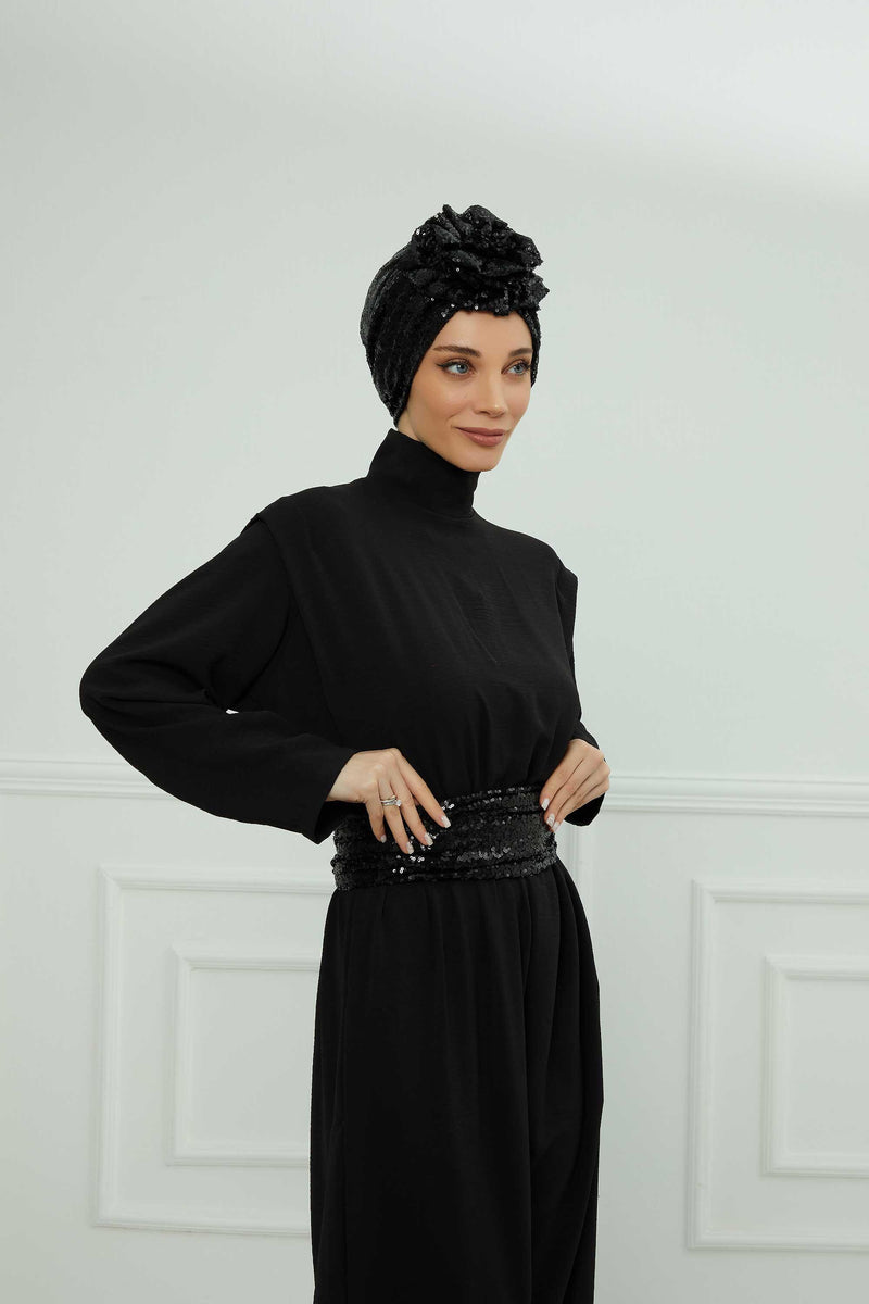 Glamouröser Instant-Turban-Hijab mit Paillettenrose für Frauen, funkelnde modische Hijab-Kappe, elegantes vorgebundenes Kopftuch mit großem, ausgefallenem Rosendetail, B-21P