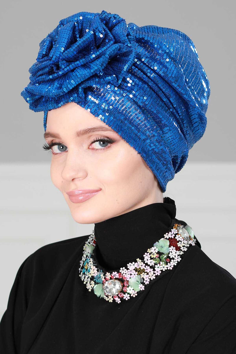 Glamouröser Instant-Turban-Hijab mit Paillettenrose für Frauen, funkelnde modische Hijab-Kappe, elegantes vorgebundenes Kopftuch mit großem, ausgefallenem Rosendetail, B-21P