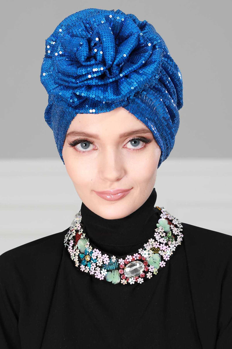 Glamouröser Instant-Turban-Hijab mit Paillettenrose für Frauen, funkelnde modische Hijab-Kappe, elegantes vorgebundenes Kopftuch mit großem, ausgefallenem Rosendetail, B-21P