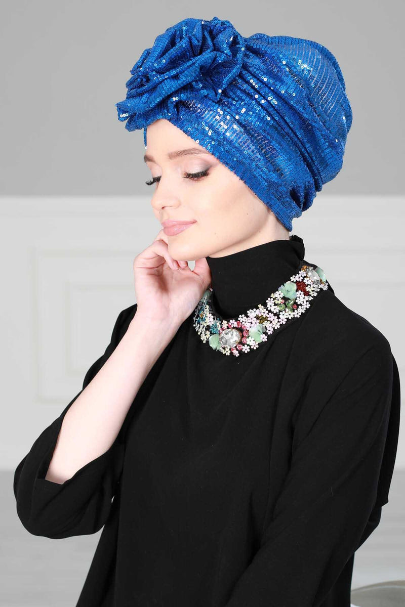 Glamouröser Instant-Turban-Hijab mit Paillettenrose für Frauen, funkelnde modische Hijab-Kappe, elegantes vorgebundenes Kopftuch mit großem, ausgefallenem Rosendetail, B-21P