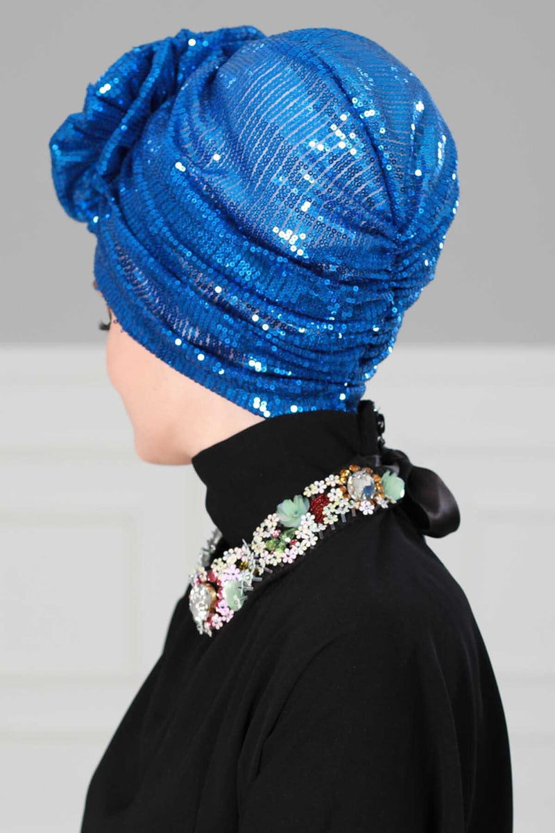 Glamouröser Instant-Turban-Hijab mit Paillettenrose für Frauen, funkelnde modische Hijab-Kappe, elegantes vorgebundenes Kopftuch mit großem, ausgefallenem Rosendetail, B-21P