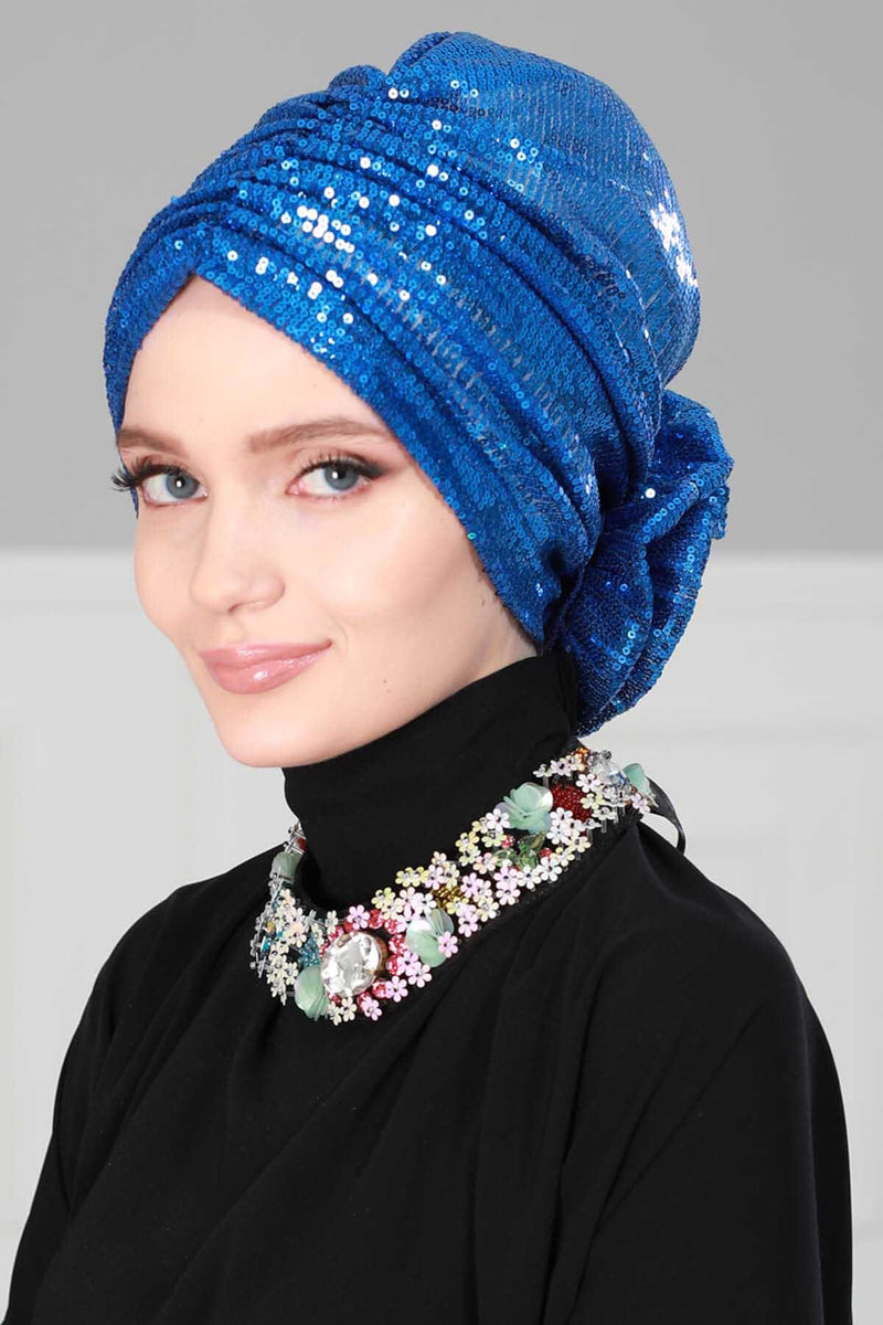 Glamouröser Instant-Turban-Hijab mit Paillettenrose für Frauen, funkelnde modische Hijab-Kappe, elegantes vorgebundenes Kopftuch mit großem, ausgefallenem Rosendetail, B-21P