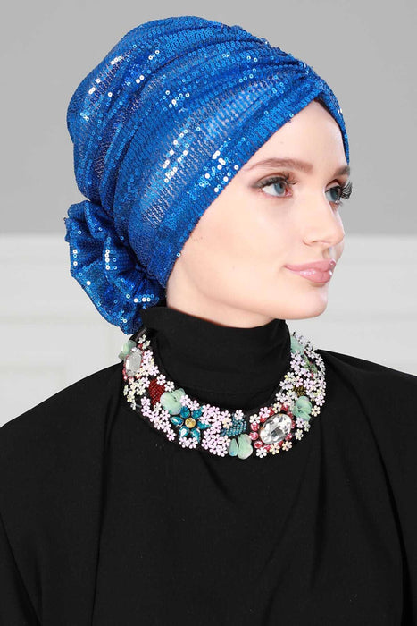 Glamorous Sequin Rose Instant Turban Hijab for Women, Sparkly Fashion Hijab Cap, Elegant Pre-Tied Headwrap with Big Fancy Rose Detail,B-21P