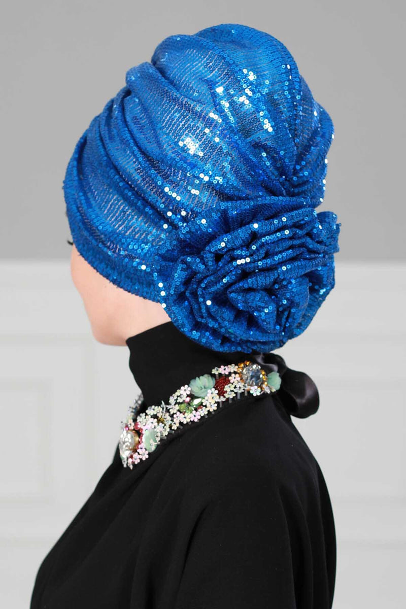 Glamouröser Instant-Turban-Hijab mit Paillettenrose für Frauen, funkelnde modische Hijab-Kappe, elegantes vorgebundenes Kopftuch mit großem, ausgefallenem Rosendetail, B-21P