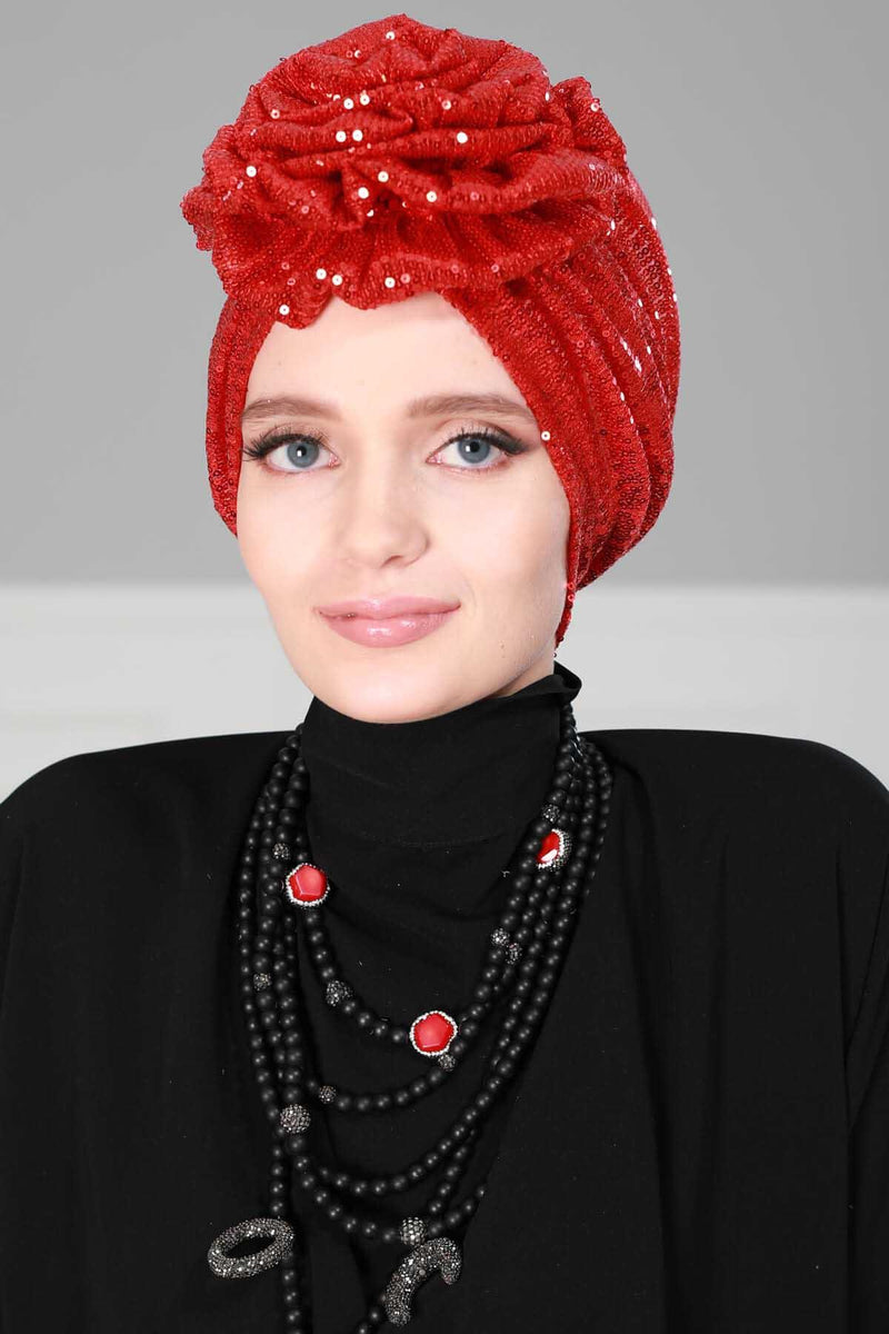 Glamouröser Instant-Turban-Hijab mit Paillettenrose für Frauen, funkelnde modische Hijab-Kappe, elegantes vorgebundenes Kopftuch mit großem, ausgefallenem Rosendetail, B-21P
