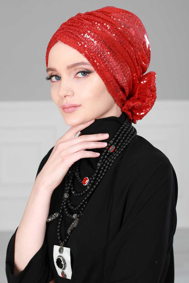 Glamouröser Instant-Turban-Hijab mit Paillettenrose für Frauen, funkelnde modische Hijab-Kappe, elegantes vorgebundenes Kopftuch mit großem, ausgefallenem Rosendetail, B-21P