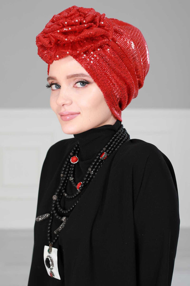 Glamouröser Instant-Turban-Hijab mit Paillettenrose für Frauen, funkelnde modische Hijab-Kappe, elegantes vorgebundenes Kopftuch mit großem, ausgefallenem Rosendetail, B-21P