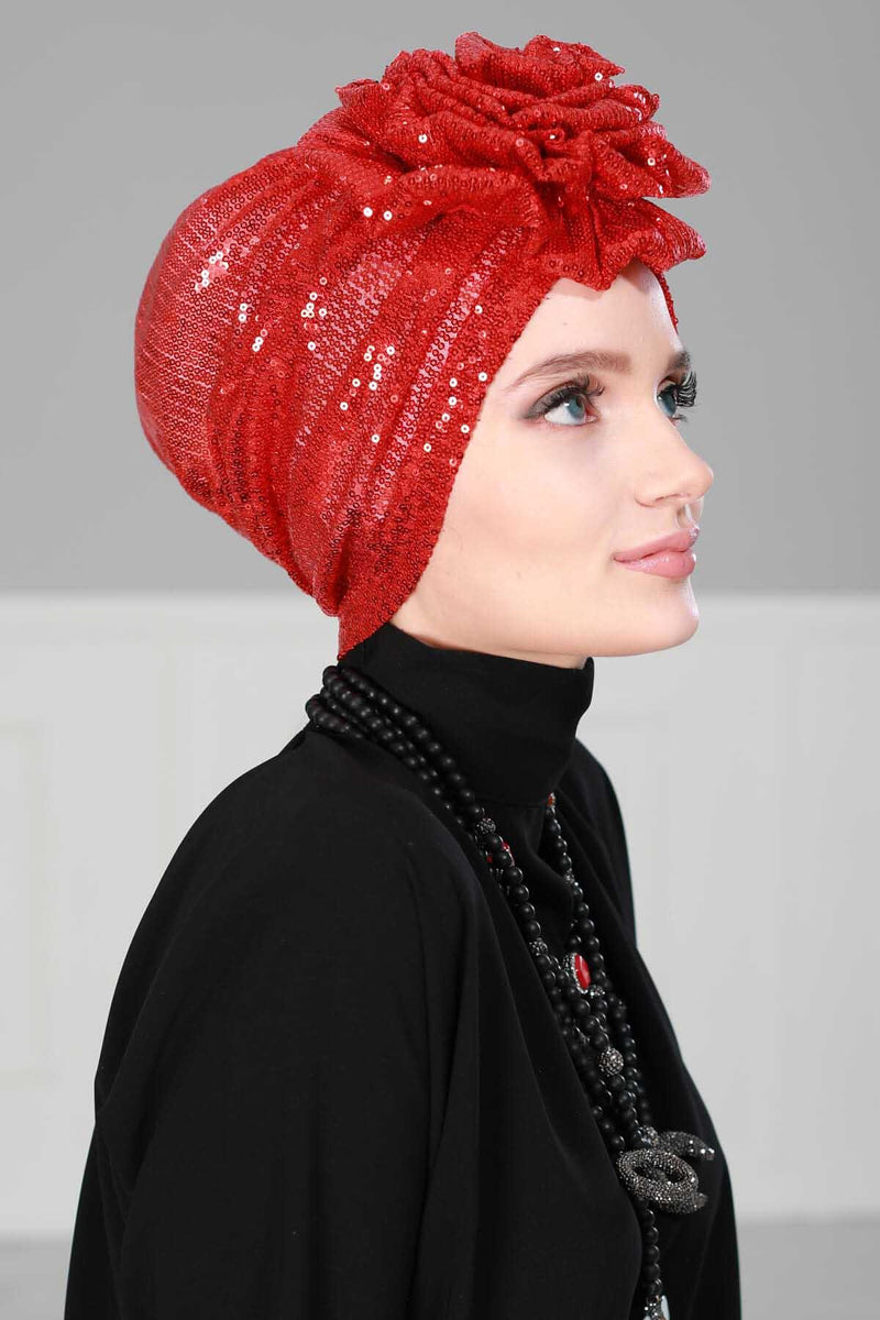 Glamouröser Instant-Turban-Hijab mit Paillettenrose für Frauen, funkelnde modische Hijab-Kappe, elegantes vorgebundenes Kopftuch mit großem, ausgefallenem Rosendetail, B-21P