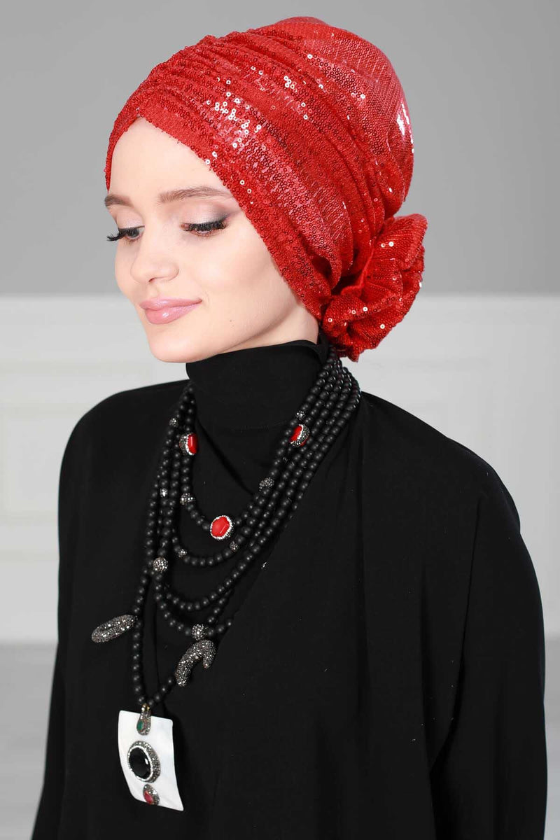 Glamouröser Instant-Turban-Hijab mit Paillettenrose für Frauen, funkelnde modische Hijab-Kappe, elegantes vorgebundenes Kopftuch mit großem, ausgefallenem Rosendetail, B-21P