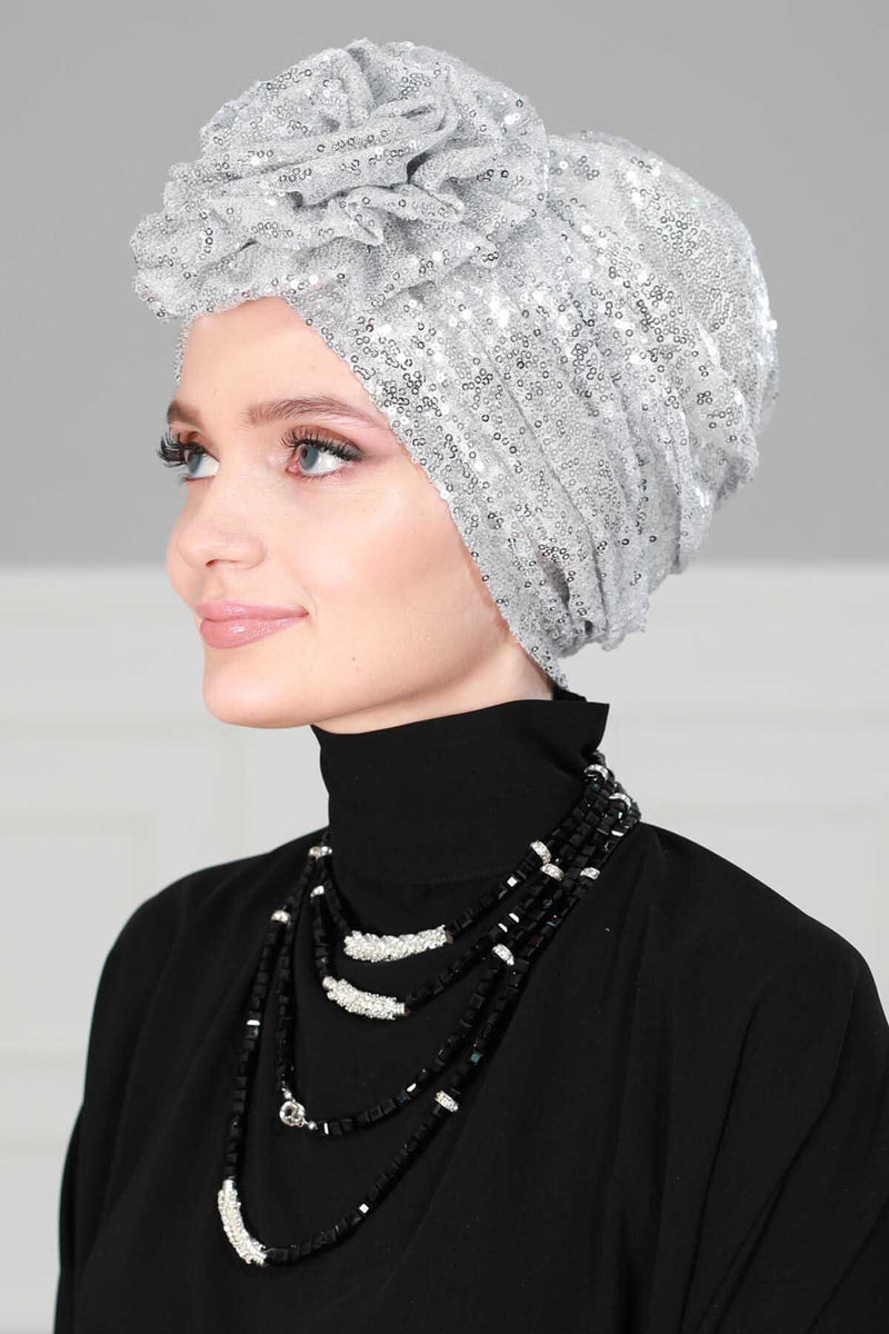 Glamouröser Instant-Turban-Hijab mit Paillettenrose für Frauen, funkelnde modische Hijab-Kappe, elegantes vorgebundenes Kopftuch mit großem, ausgefallenem Rosendetail, B-21P