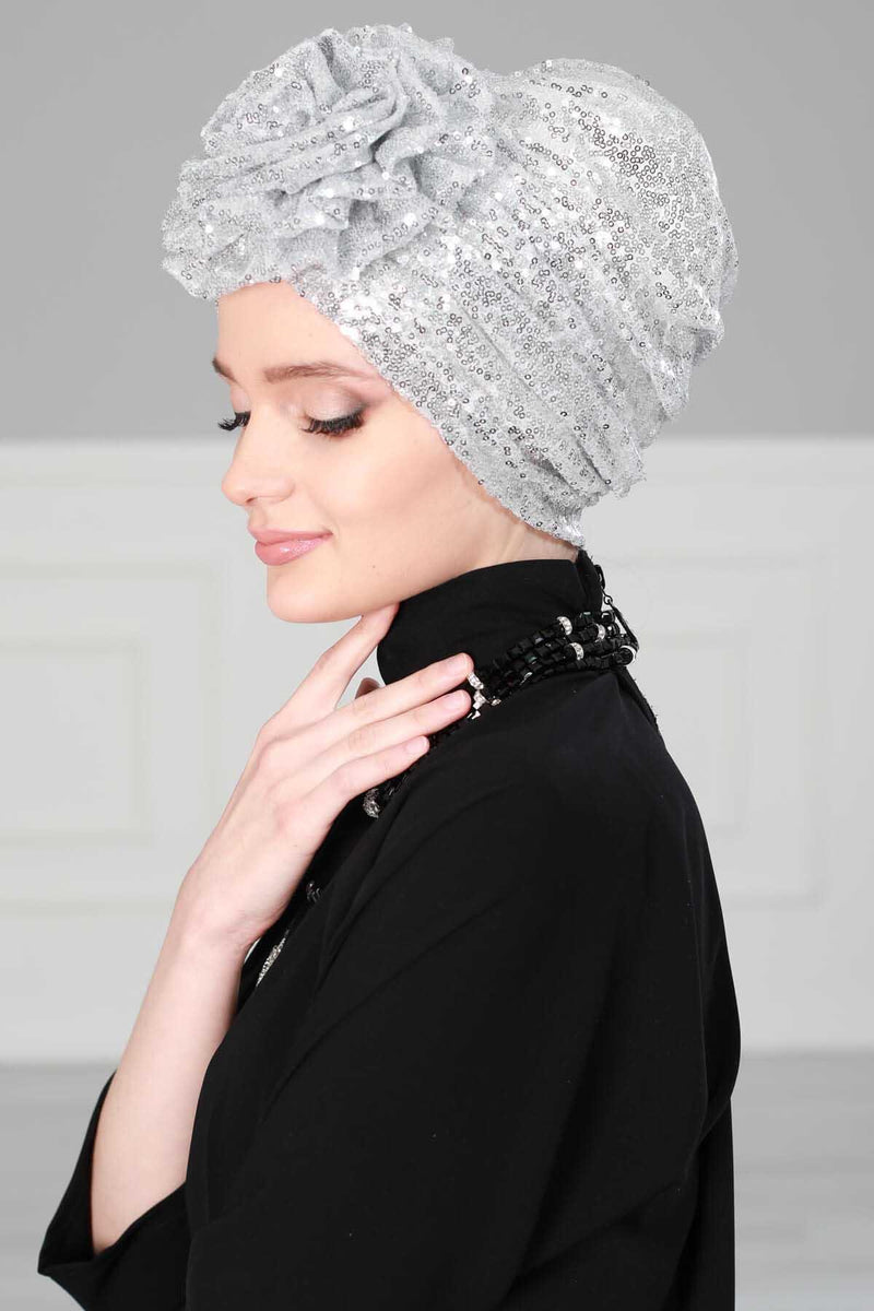 Glamouröser Instant-Turban-Hijab mit Paillettenrose für Frauen, funkelnde modische Hijab-Kappe, elegantes vorgebundenes Kopftuch mit großem, ausgefallenem Rosendetail, B-21P