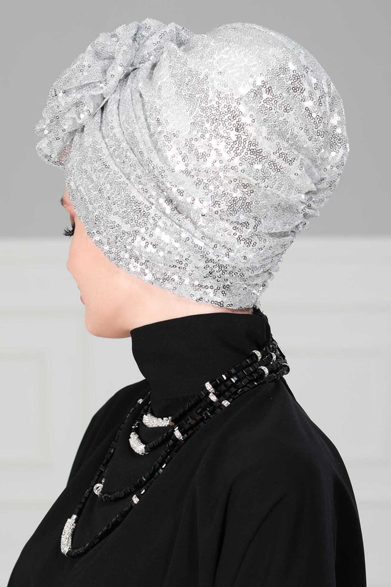 Glamouröser Instant-Turban-Hijab mit Paillettenrose für Frauen, funkelnde modische Hijab-Kappe, elegantes vorgebundenes Kopftuch mit großem, ausgefallenem Rosendetail, B-21P