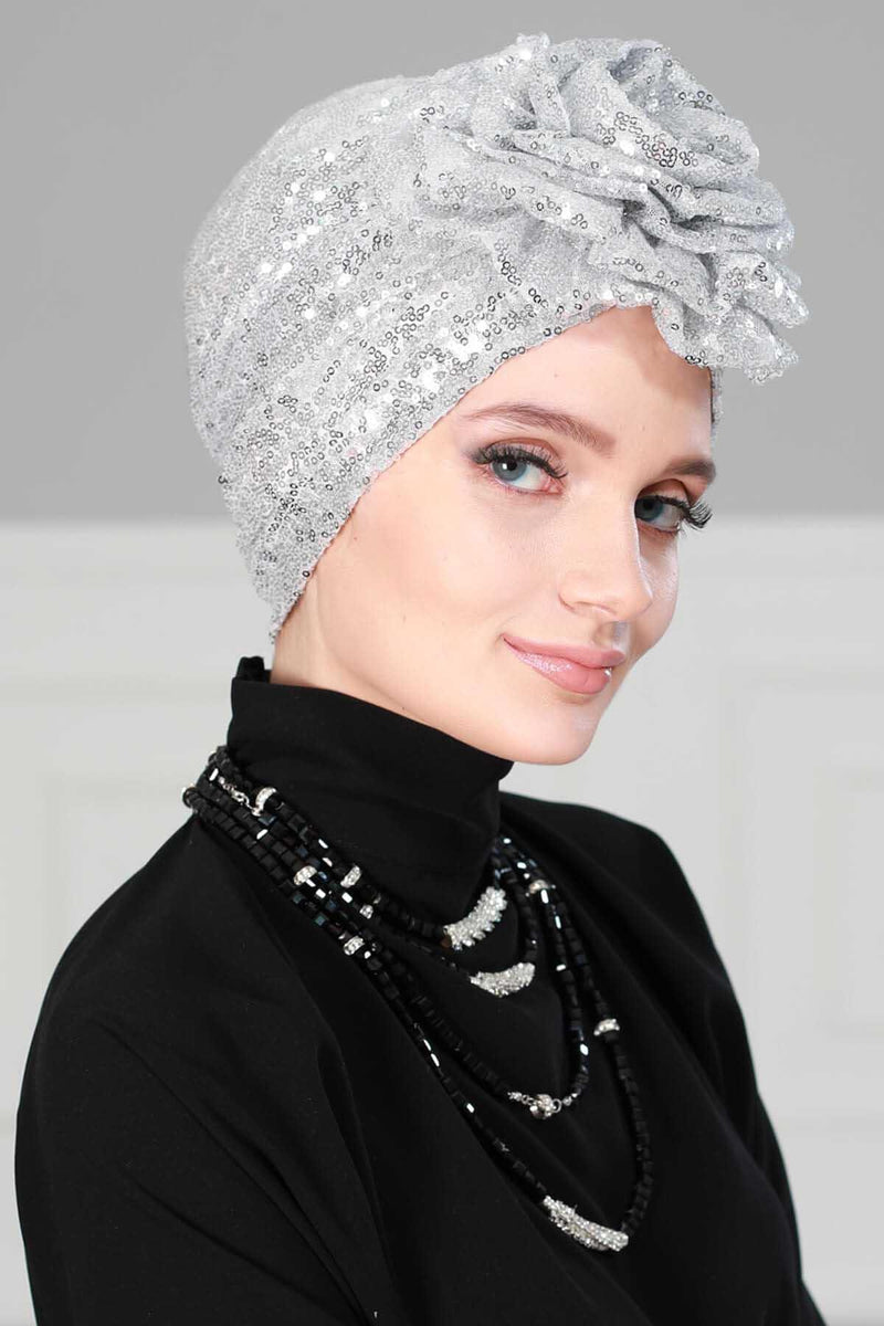 Glamouröser Instant-Turban-Hijab mit Paillettenrose für Frauen, funkelnde modische Hijab-Kappe, elegantes vorgebundenes Kopftuch mit großem, ausgefallenem Rosendetail, B-21P