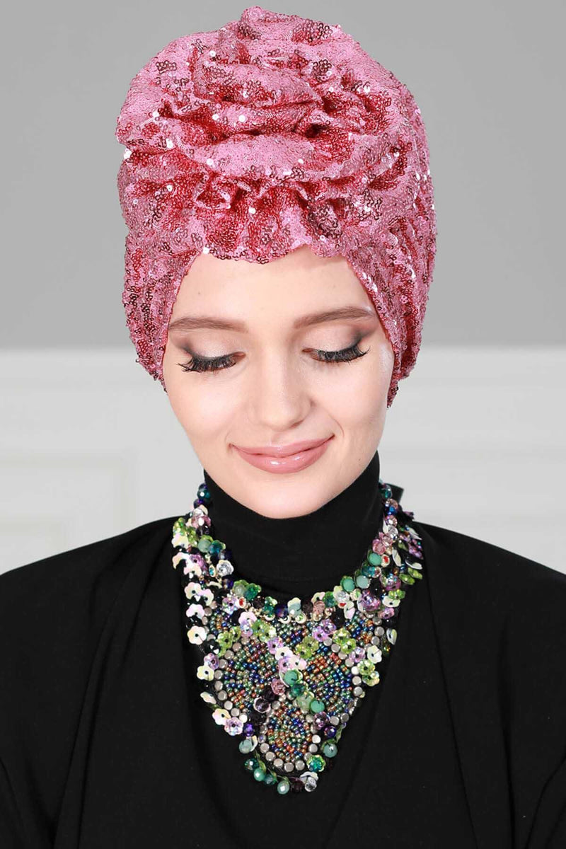 Glamouröser Instant-Turban-Hijab mit Paillettenrose für Frauen, funkelnde modische Hijab-Kappe, elegantes vorgebundenes Kopftuch mit großem, ausgefallenem Rosendetail, B-21P