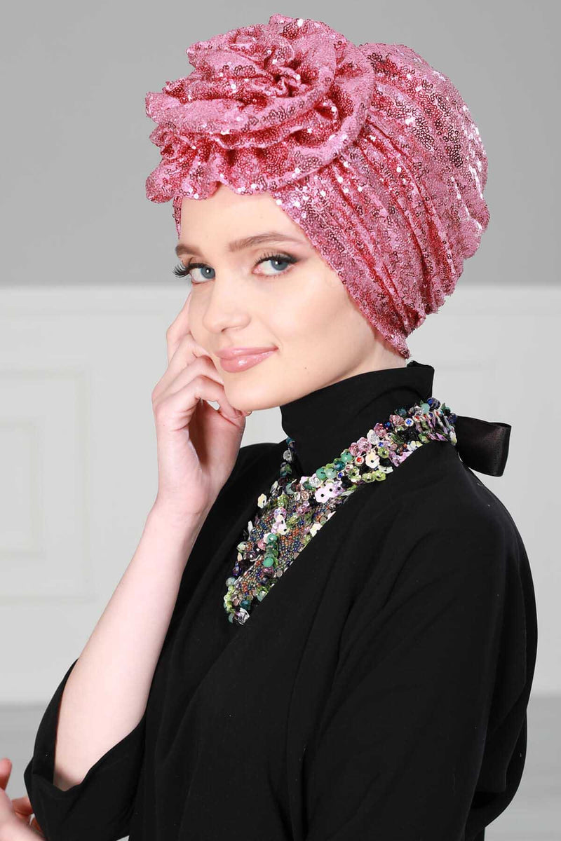 Glamouröser Instant-Turban-Hijab mit Paillettenrose für Frauen, funkelnde modische Hijab-Kappe, elegantes vorgebundenes Kopftuch mit großem, ausgefallenem Rosendetail, B-21P