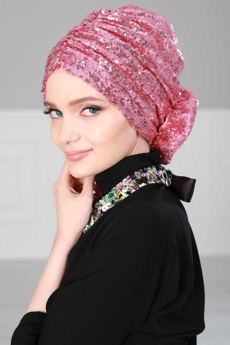 Glamouröser Instant-Turban-Hijab mit Paillettenrose für Frauen, funkelnde modische Hijab-Kappe, elegantes vorgebundenes Kopftuch mit großem, ausgefallenem Rosendetail, B-21P