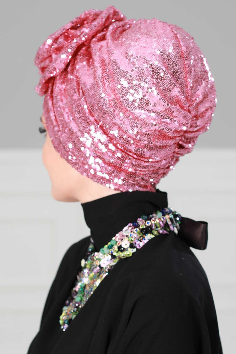 Glamouröser Instant-Turban-Hijab mit Paillettenrose für Frauen, funkelnde modische Hijab-Kappe, elegantes vorgebundenes Kopftuch mit großem, ausgefallenem Rosendetail, B-21P