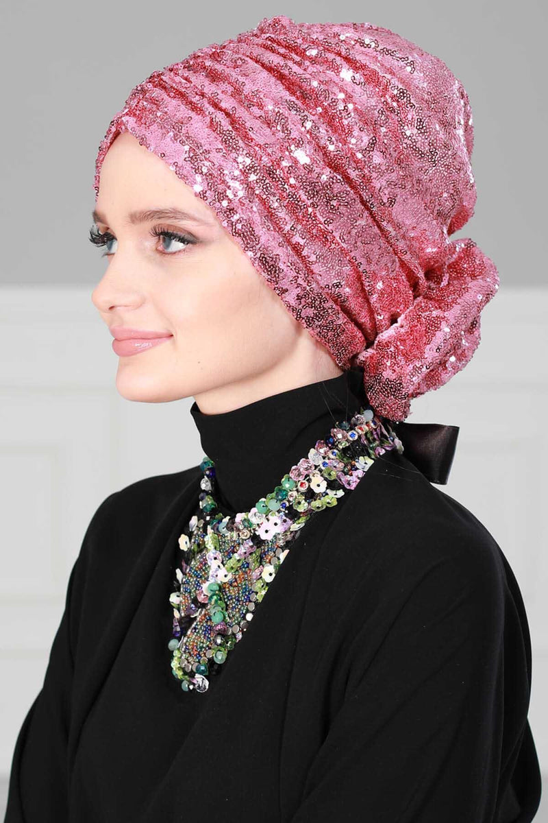 Glamouröser Instant-Turban-Hijab mit Paillettenrose für Frauen, funkelnde modische Hijab-Kappe, elegantes vorgebundenes Kopftuch mit großem, ausgefallenem Rosendetail, B-21P