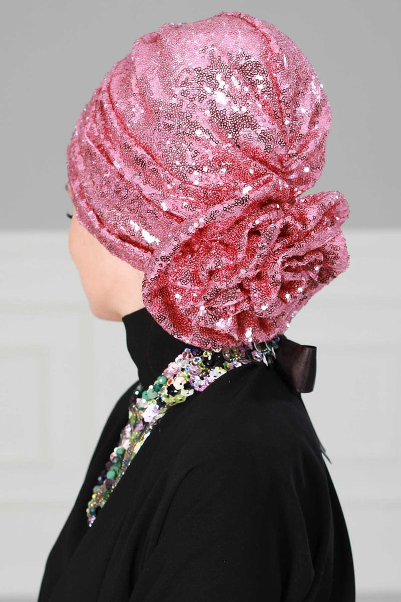 Glamouröser Instant-Turban-Hijab mit Paillettenrose für Frauen, funkelnde modische Hijab-Kappe, elegantes vorgebundenes Kopftuch mit großem, ausgefallenem Rosendetail, B-21P