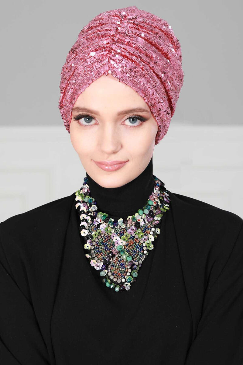 Glamouröser Instant-Turban-Hijab mit Paillettenrose für Frauen, funkelnde modische Hijab-Kappe, elegantes vorgebundenes Kopftuch mit großem, ausgefallenem Rosendetail, B-21P
