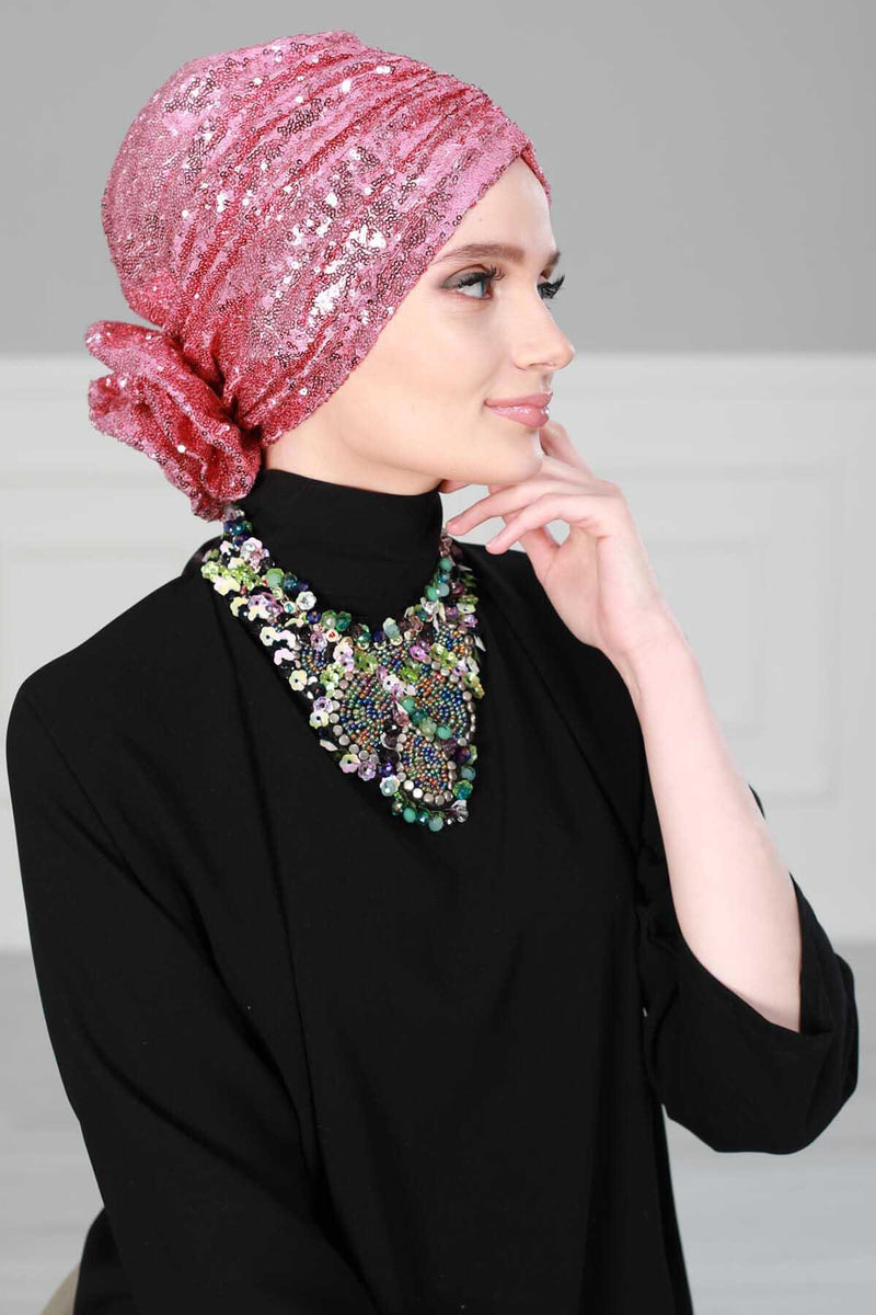 Glamouröser Instant-Turban-Hijab mit Paillettenrose für Frauen, funkelnde modische Hijab-Kappe, elegantes vorgebundenes Kopftuch mit großem, ausgefallenem Rosendetail, B-21P