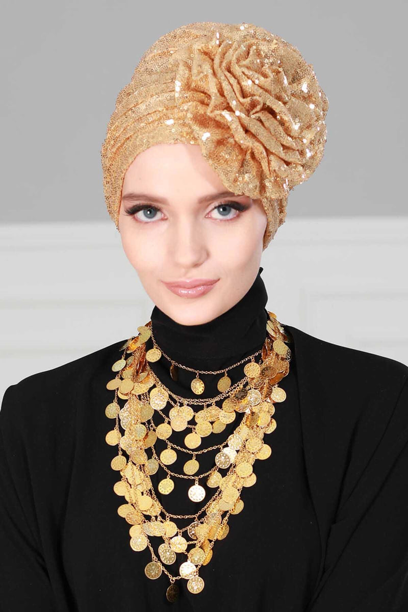 Glamouröser Instant-Turban-Hijab mit Paillettenrose für Frauen, funkelnde modische Hijab-Kappe, elegantes vorgebundenes Kopftuch mit großem, ausgefallenem Rosendetail, B-21P